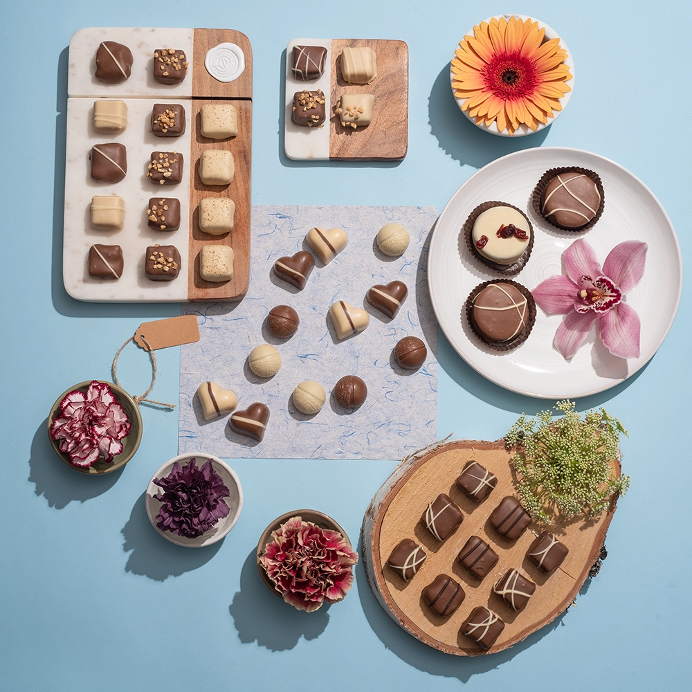 Chocolate truffles flat-lay food photo retouching.