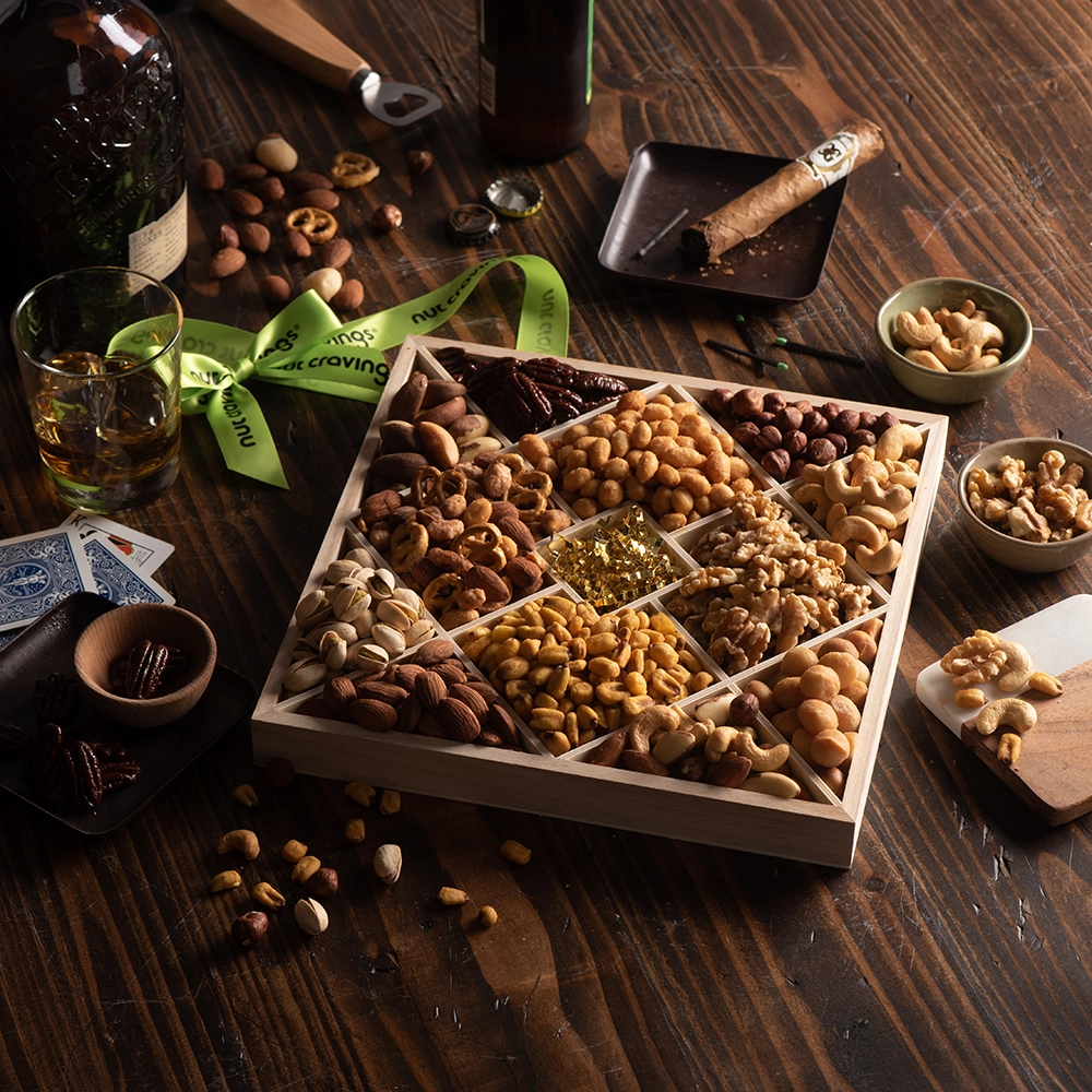 Wooden nut platter food photo retouching.